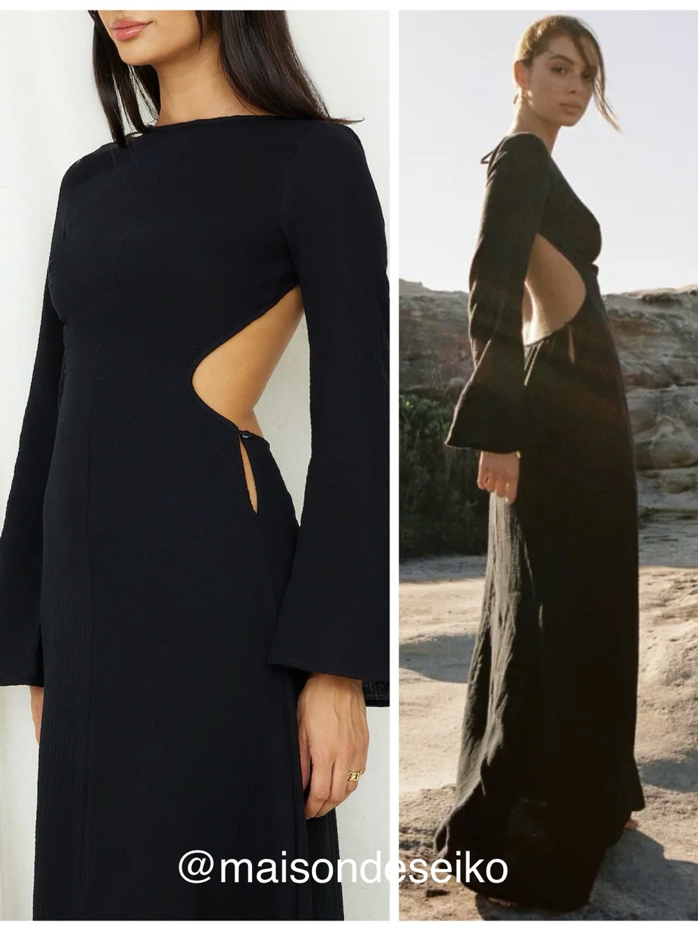 SNDYS Maxi Dress Black Gauze Dahlia Cutout Boat Neck Long Sleeve size XS